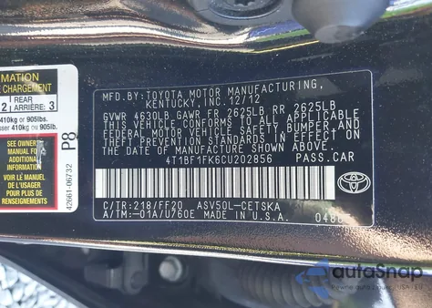 2012 Toyota Camry Se Limited Edition z USA, uszkodzony, nr VIN 4T1BF1FK6CU202856